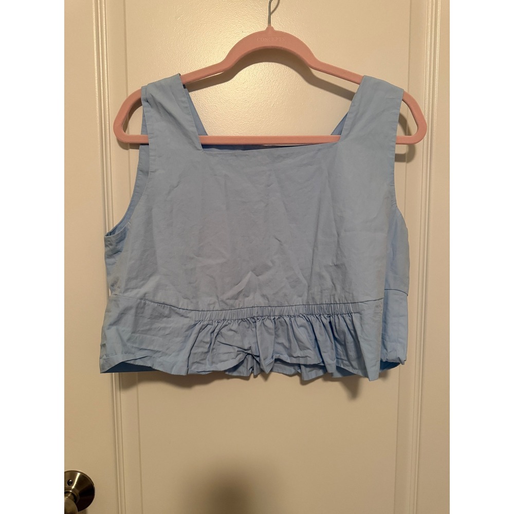 Zara Women Blue Cotton‎ Poplin Square Neck Peplum Crop Top Size Large